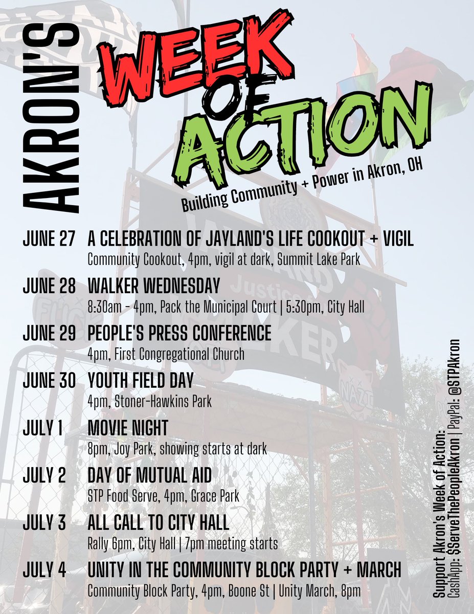 Akron's Week of Action is almost here 🔥 

✨ help support the events by donating funds to $ServeThePeopleAkron on CashApp or @/STPAkron on PayPal 

❓DM us with any questions or if you want to donate money, food, or volunteer! 

A 🧵of all events...

#heyakron #Jayland
