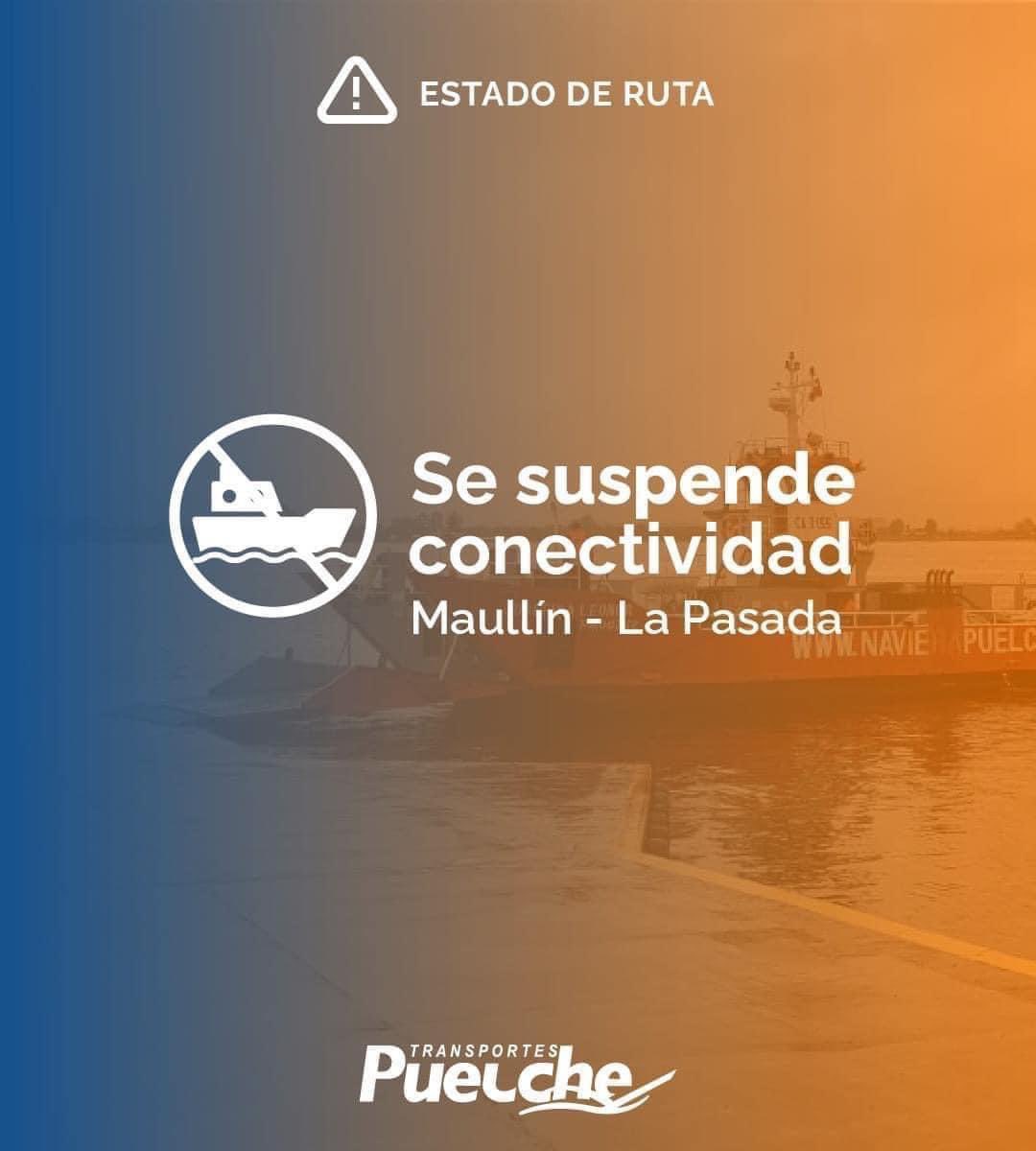navierapuelche's tweet photo. ⚠️(10:30 AM.) 
Se informa suspensión de ruta #Maullín - #LaPasada por malas condiciones climáticas en la zona. Se informará su retorno. 🌊⛴
Agradecemos su comprensión. 
#conectividad #regiondeloslagos https://t.co/n30LbkdjUV