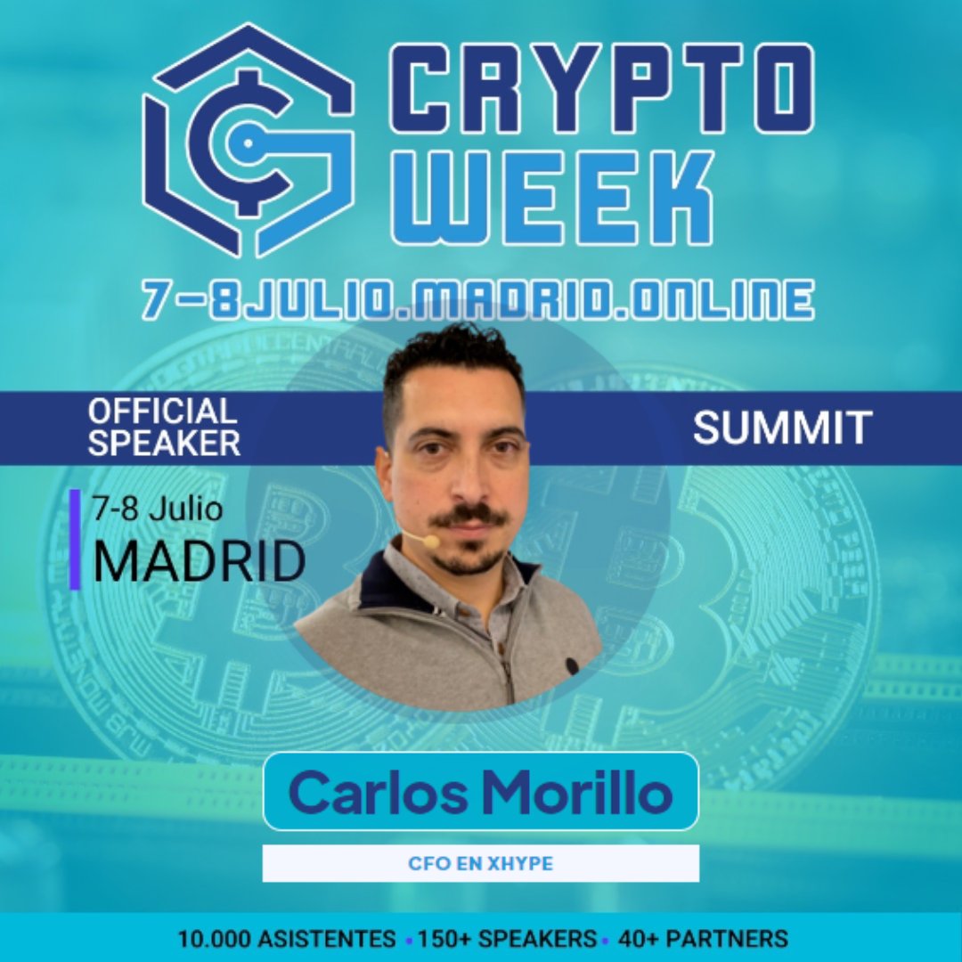 👉CARLOS MORILLO es CFO en XHYPE y nos acompañará para 🗣️hablar sobre el  futuro de los market place 🤳 con pago descentralizados. Si quieres asistir  a su ponencia en #cryptoweekmadrid ingresa al