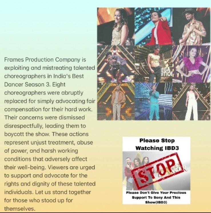 piaaa_pieeee's tweet photo. JUSTICE FOR THE CHOREOGRAPHER
Right is right even nobody stand with that 
Wrong is wrong even everyone is stand with that

Let us together Stand for what is right. 
 
#BOYCOTTIBD3

@SonyTV
@Frames_Prod
@tranjeet
@indiatvnews
@pinkvilla 
@viralbhayani77 https://t.co/d9F183KY9I