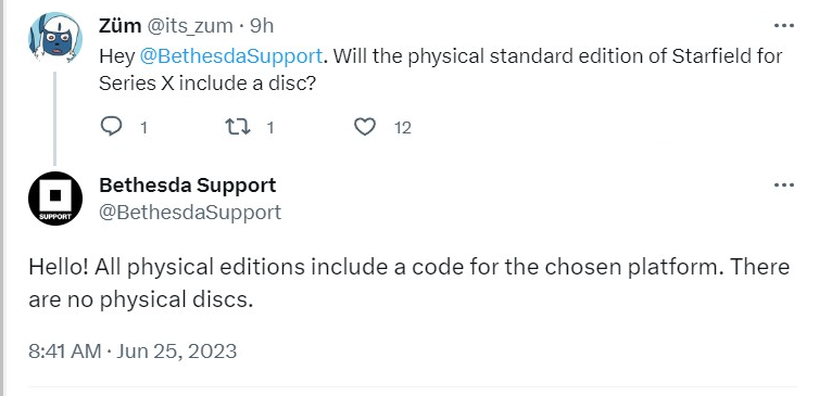 RT @Wario64: Bethesda Support deleted their tweet for some reason regarding a physical disc for Starfield https://t.co/w4c5SVtzPm