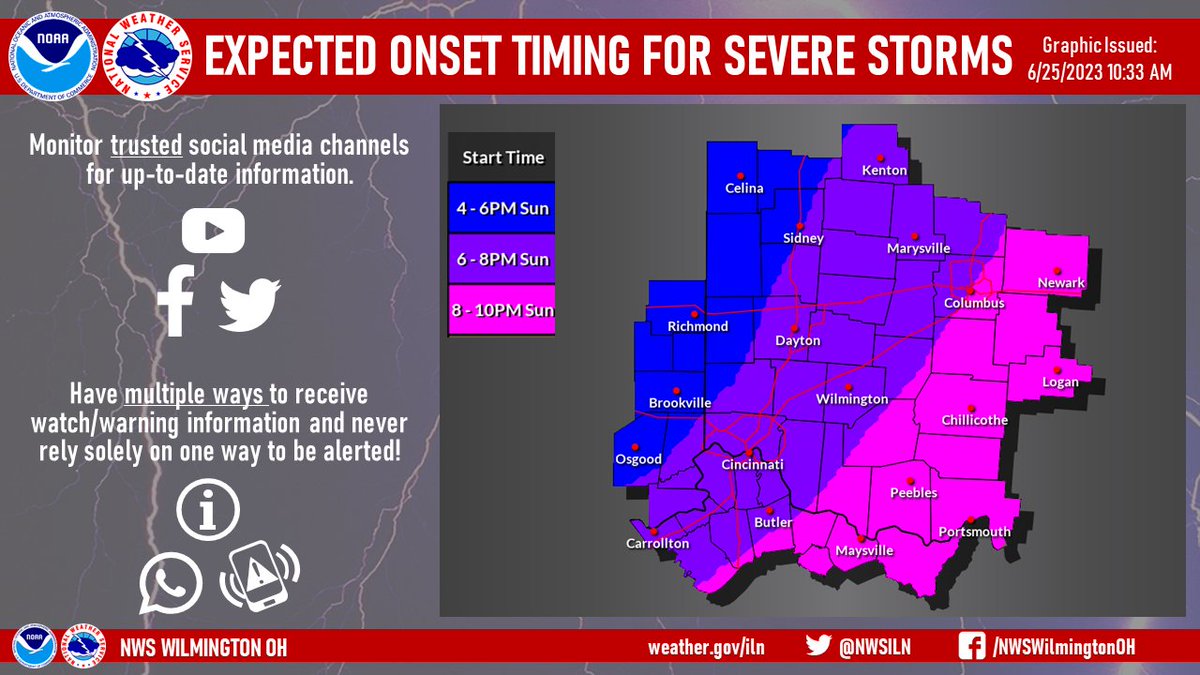 NWSILN's tweet photo. [10:40 AM] Here is our latest thinking regarding the *most likely* time window for the onset of severe storms. Storms may persist *after* the time frames indicated, but these times are when you need to be prepared to take action/shelter should warnings be issued for your area! https://t.co/kuwX5zZHRD