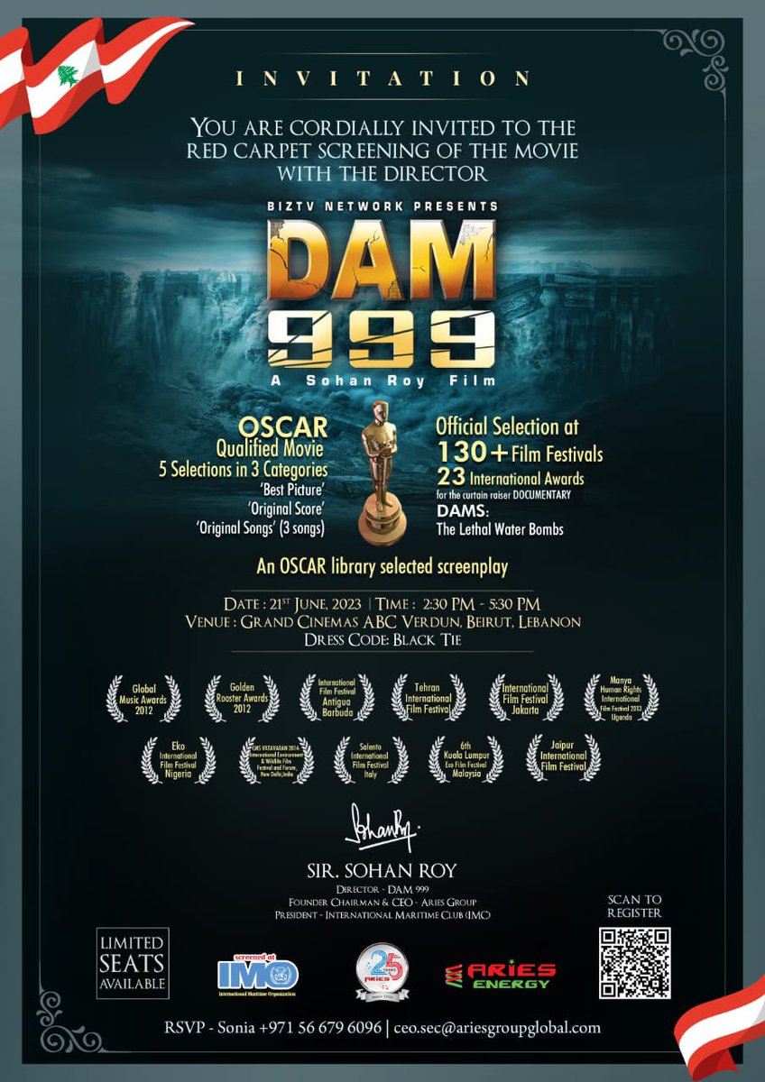 EstephanAssal's tweet photo. Participating in the Red carpet screening of DAM999, Oscar Shortlisted movie distributed by Warner Bros.
Forbes listed filmmaker Sir Sohan Roy the President of the International #Maritime Club, the largest community of 200+ Maritime organizations and associations, He is the Founder Chairman & CEO of Aries Group of Companies - A multinational conglomerate of 60 Companies headquartered in #UAE with branch offices in 25 countries. 

The company is a world leader in providing solutions to various industries, including shipping, Oil & Gas, Petrochemicals, Media, IT, Hospitality, Movies, and aviation sector, screened his movie DAM999 in #Beirut as part of his global journey to promote "Peace through Happiness" screened at #IMO 

#IMOGoodwillAmbassador 🇺🇳🇱🇧
@sohanroy @Ariesgroupglob @IMOHQ