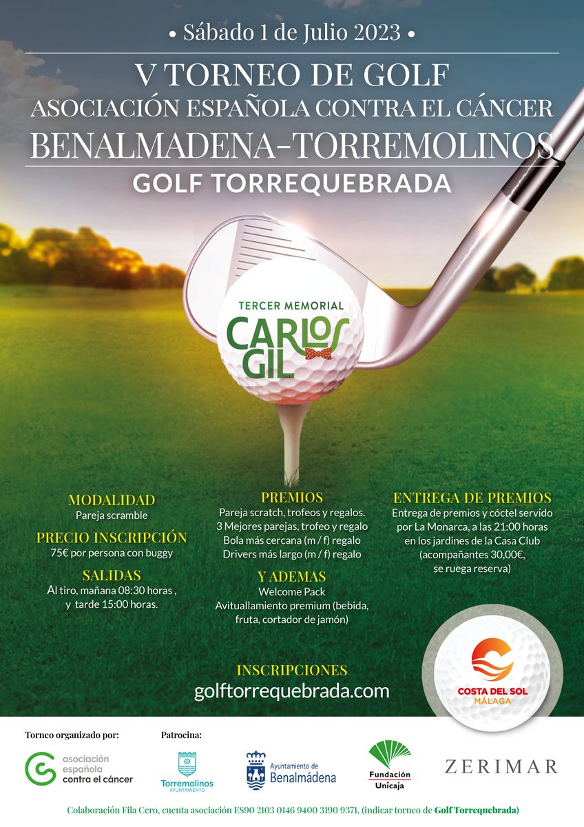 ContraCancerMA's tweet photo. No te quedes sin jugar el V Torneo de Golf @ContraCancerES de Benalmádena-Torremolinos, "III Memorial Carlos Gil". 👉 https://t.co/bz2CJYI5ya
@typcostadelsol
@BenalmadenaAyto
@Torremolinos_On
#Zerimar
@FundUnicaja
@Torrequebrada
#TodosContraElCáncer https://t.co/NeIAfRl1hy
