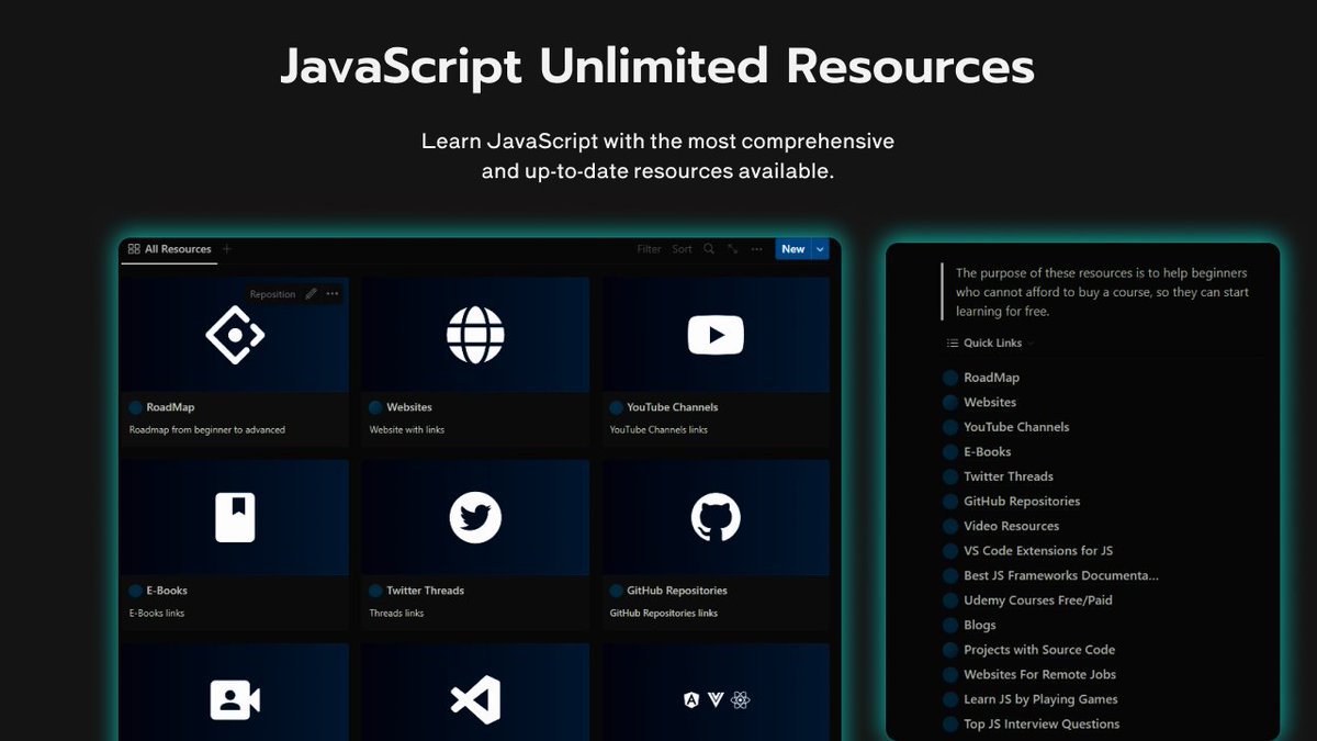 haider1's tweet photo. Are you ready to take your coding skills to the next level? 

Unlock the power of JavaScript with my hand-curated collection of 200+ free learning resources. 🚀

You will get:

• 200+ Resources
• Roadmap, Video resources, Projects source code, E-books etc.

Like and reply 👋 to receive it. [must be following]