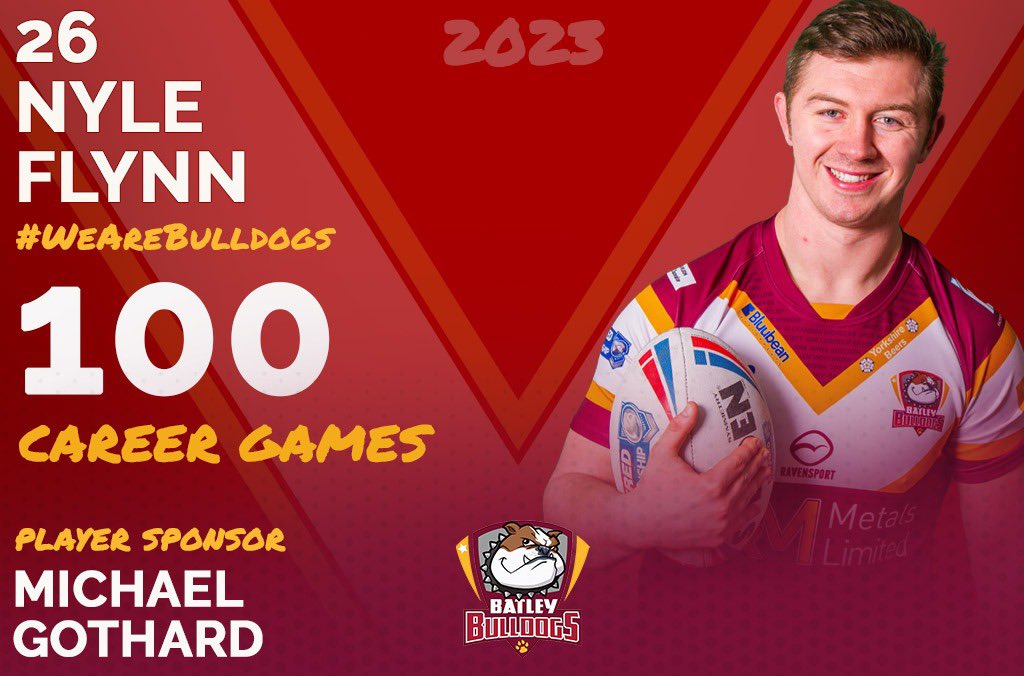 BatleyRLFC's tweet photo. A milestone achievement for Nyle Flynn, coming onto the field to make his 100th career appearance! Congratulations Nyle! https://t.co/ZlQ5DdMuam