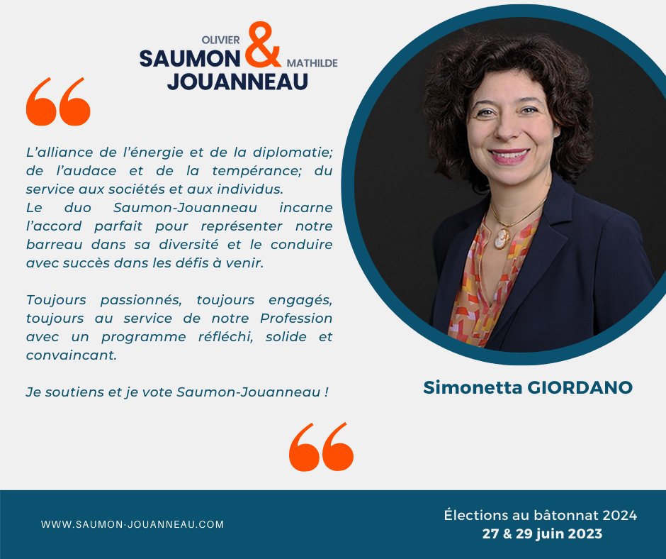 Derrière un binôme il y a des soutiens, indispensables à notre travail d'équipe pour #AGIR, informer, guider, soutenir !
Merci à tous et merci à Simonetta Giordano !

Retrouvez nos soutiens sur notre site : saumon-jouanneau.com
#Batonnat2024
#saumonjouanneau