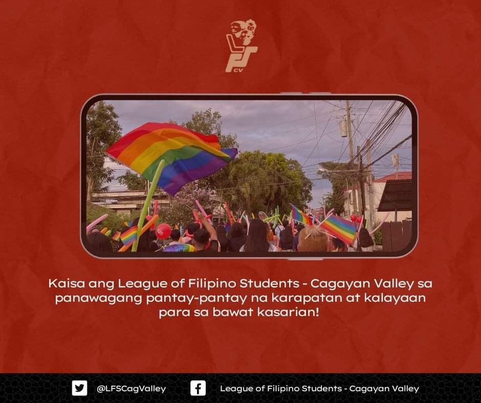LFSCagValley's tweet photo. ✨🏳️‍🌈 LAVARN, BADING! 🏳️‍🌈✨

Ngayong June 25, naglunsad ng Pride March ang iba't-ibang mga LGBTQIA+ advocates sa Tuguegarao City. Bilang pakikiisa't pagsuporta, tinunguhan naman ito ng iba't-ibang hanay ng mga kabataan, LGBTGIA+ community, at allies. https://t.co/4jo5ifoRpv