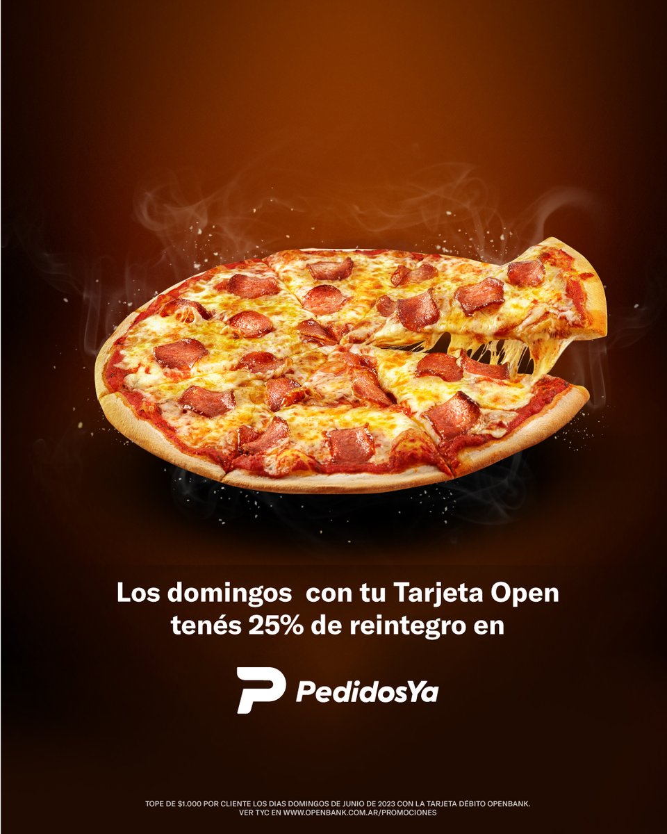 openbank_ar's tweet photo. No queremos influenciarte, pero... 😉 Acordate que los domingos tenés un 25% de reintegro pagando con tu tarjeta Open en @pedidosya, dentro de la categoría “Restaurante”. Tope de $1.000 por cliente.

Aplican TyC. #WeAreOpen #Vivila #OpenbankArgentina https://t.co/RuJMrz5DbH