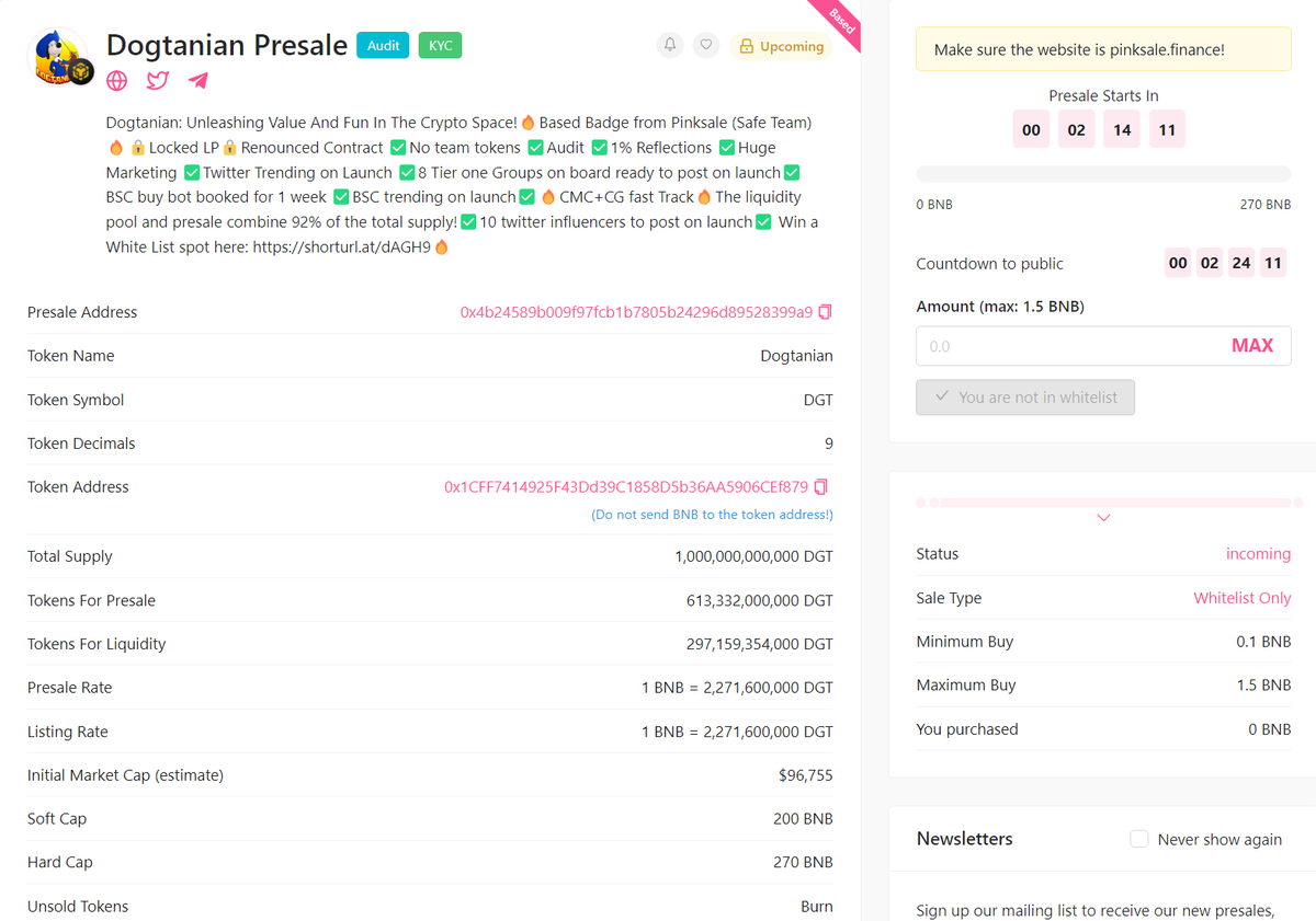 Presale starts in 2 hours be on time 🚀

#Dogtanian #DGT #presale #pinksale #BNB #Based #BASEDDEV #Trending #BSC #bscgem #Moonshots