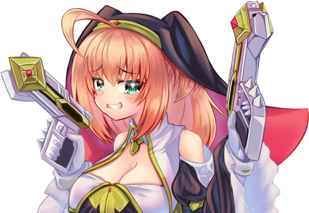 フランベルちゃんから行ってみるか。
聖装・ジェミニアス
聖なる弾丸を放つ二丁一対のオートマチック銃型聖装。
拳銃ながらサブマシンガンに匹敵する装弾数を誇り、弾幕を張る事も可能。
また、銃身下部にはメイス、グリップカバーはナックルになっており近接戦も可能。
実は真の姿が隠されている。 