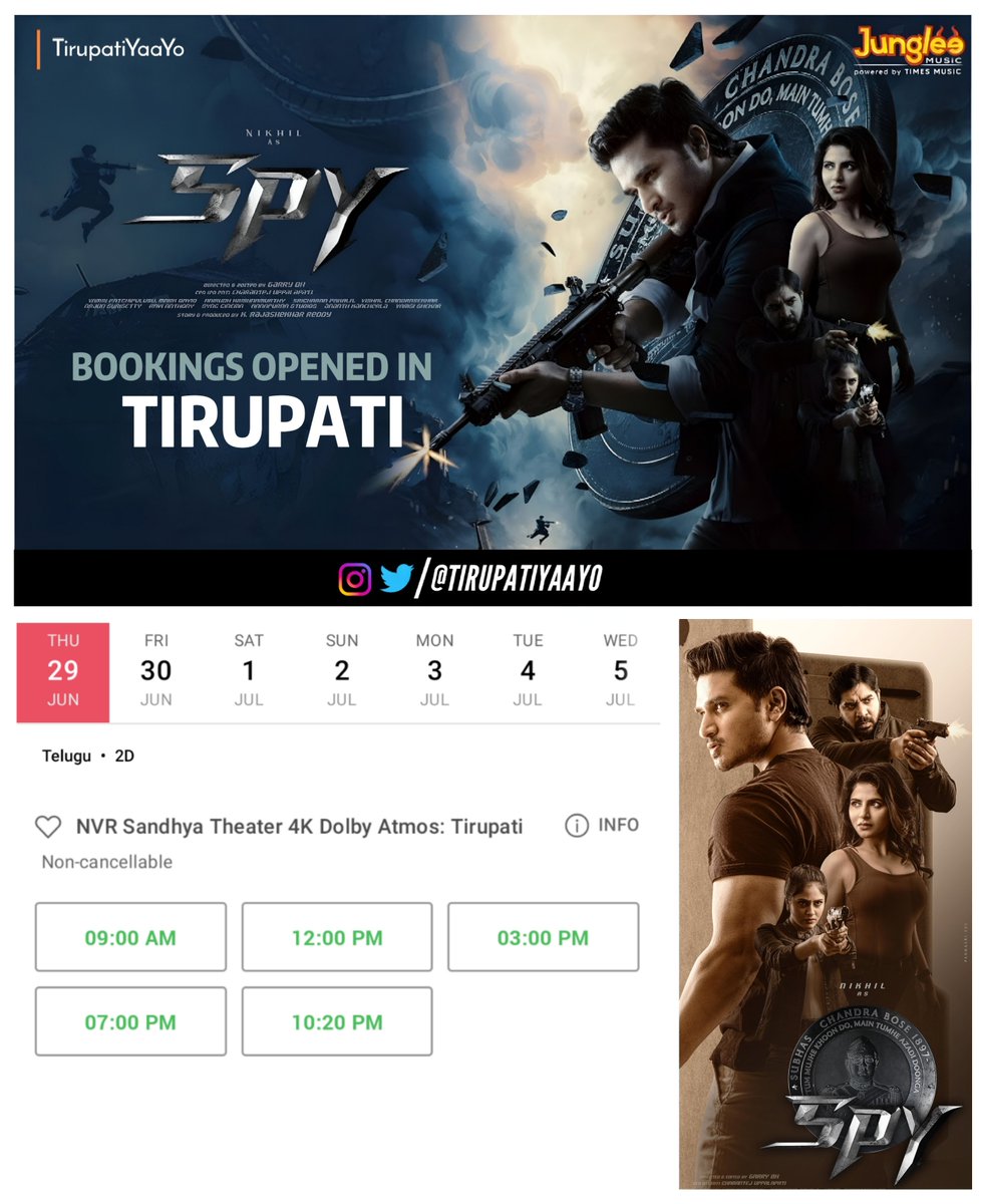 #Spy Movie Bookings Opened in Tirupati 🔥

#SPYMovie #SPYTrailer #NikhilSiddhartha 
@actor_Nikhil @Ishmenon @Garrybh88 @tej_uppalapati @anerudhp #Edentertainments #KRajashekarreddy #Tirupati #TirupatiYaaYo #NVRSandhya