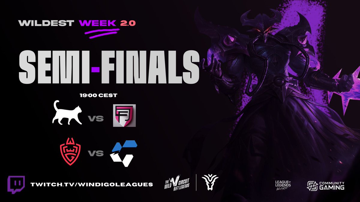 We're on the Final Day of the #RiftLegends Wildest Week 2.0!

🔴Watch the Semi Finals Live:

@TeamKittens_wr vs #ForeverEsports
Live from: twitch.tv/WindigoLeagues

@WLGgr vs #GOVERNMENT 
Live from: twitch.tv/abdof0g

19:00 CEST Onwards!