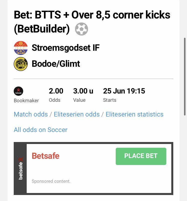 Fotbollstradern's tweet image. 🇳🇴 #BetOfTheDay Sunday 🇳🇴

#bettingtwitter #Strömsgodset #BodöGlimt #BTTS #gamblingtwitter #Betsafe #Norway #BOTD #BetBuilder