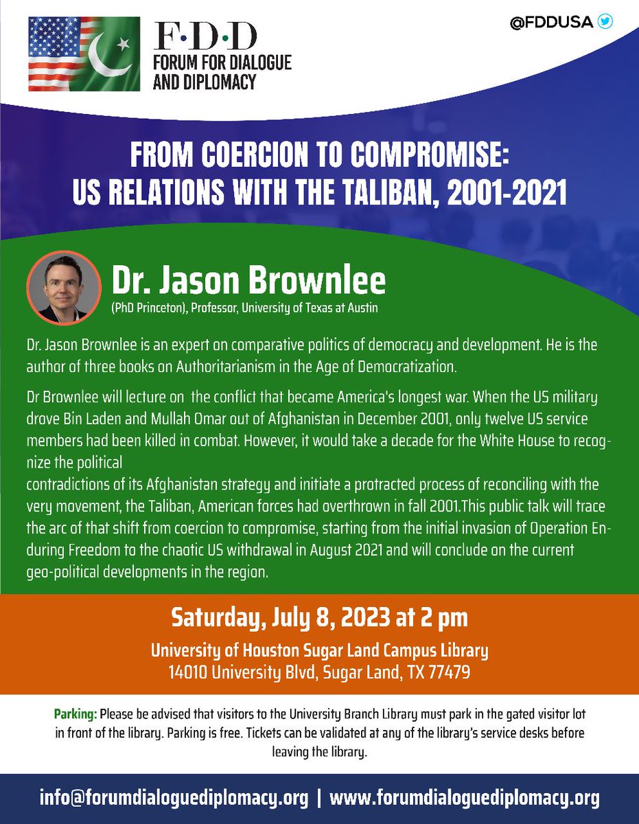 Forum for Dialogue and Diplomacy lecture by Dr Jason  Brownlee on the geopolitics of West, Central and South Asis on July 8, 2023 at the University of Houston.