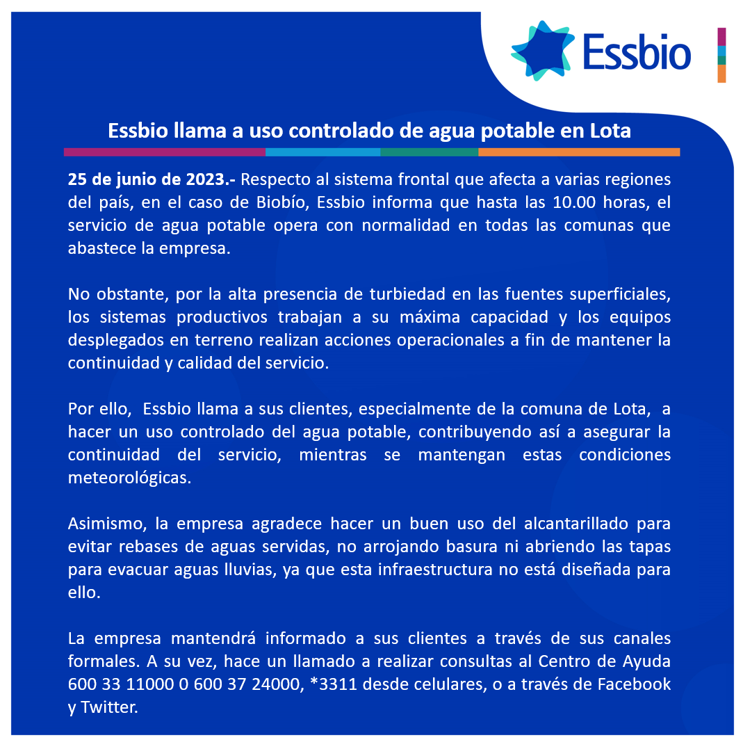 essbio's tweet photo. Informamos estado del servicio en #RegióndelBiobío y hacemos el llamado a consumo controlado en Lota. https://t.co/cZk396b3Cd
