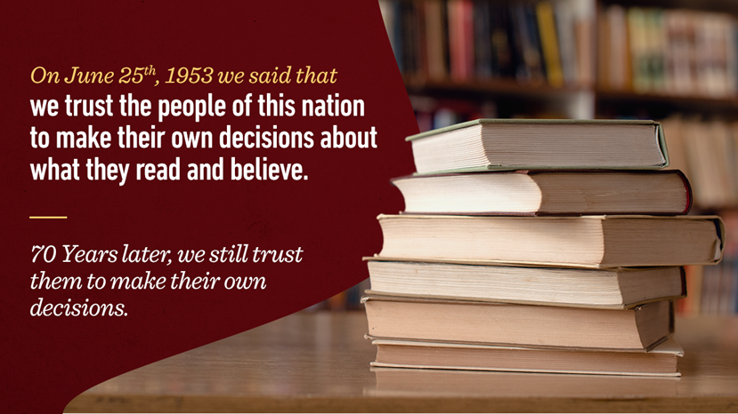 In 1953, ALA &amp; <a href="/AmericanPublish/">Association of American Publishers</a> signed an historic statement affirming every American's #FreedomToRead.

Today we celebrate this anniversary by recommitting to this core value. Join us &amp; sign on in support of everyone's right to read: uniteagainstbookbans.org/FreedomToRead #UniteAgainstBookBans