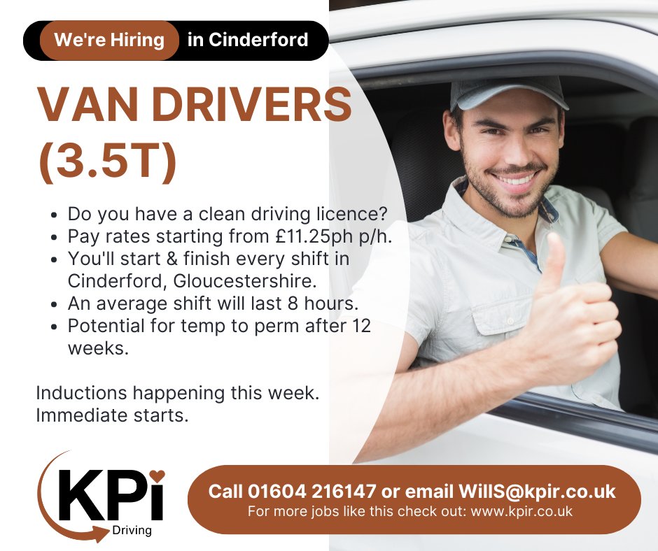 **VAN DRIVERS** Cinderford. From £11.25 p/h. Potential for temp to perm after 12 weeks. Immediate start! Please Call 01604 216147 or Email WillS@kpir.co.uk. To apply, visit kpir.co.uk/vacancies/van-…
#drivingjobs #vandriver #cinderfordjobs #gloucesterjobs