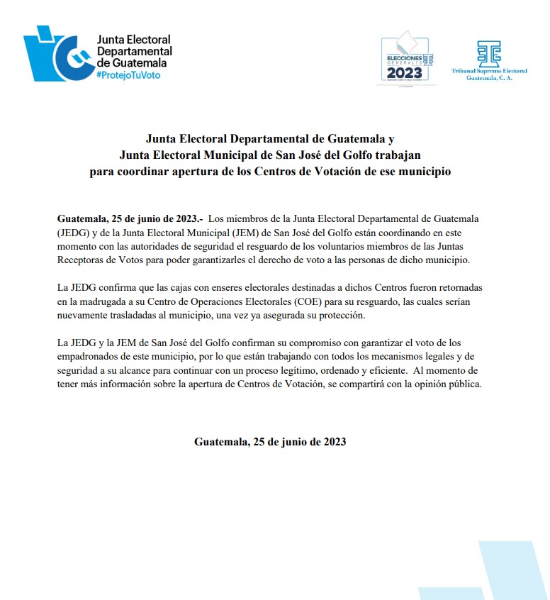 #EleccionesGT2023 
La Junta Electoral Departamental de Guatemala y la JEM de San José del Golfo trabajan para coordinar apertura de los Centros de Votación de ese municipio.