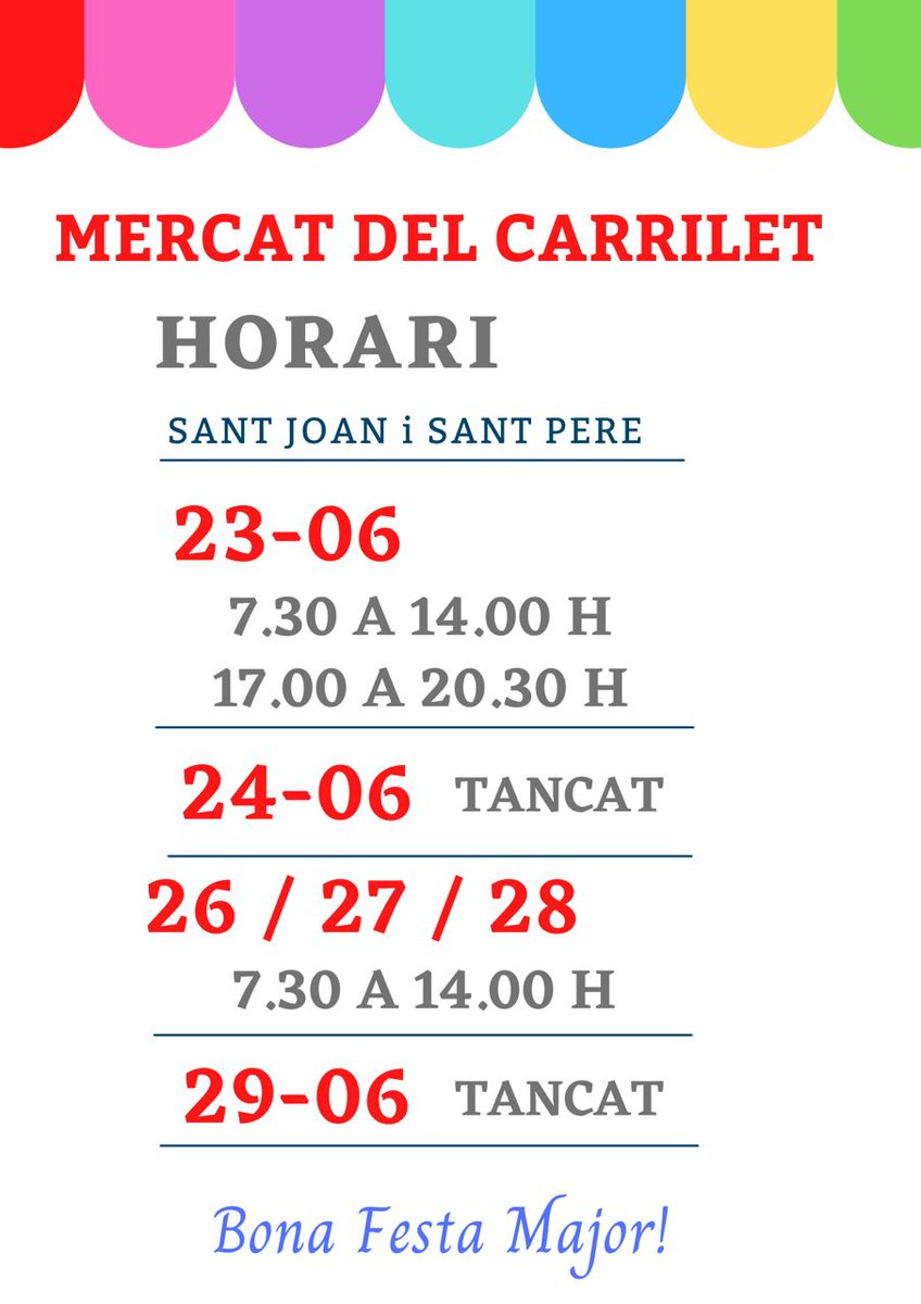 MercatsdeReus's tweet photo. A #Reus és Festa Major! 😊🥂🎶💥

Revisa els horaris dels #mercatsdereus d'aquests dies 🦐🥓🥖🍉🐟🥩🫒🍷

#festaMajor #santpere2023 #proximitat #Mercats https://t.co/V6jQveRpEb