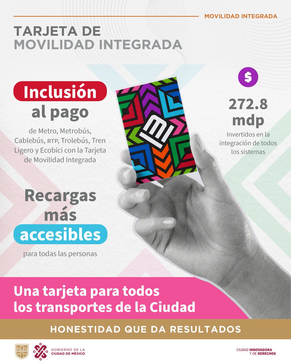 #HonestidadQueDaResultados | Viaja por toda la ciudad, con una sola tarjeta 🤩

Con la tarjeta de #MovilidadIntegrada, incorporamos ocho sistemas de transporte de la Ciudad de México a un solo método de pago. Más rápido, más eficiente.  🚆🚡🚌
 
⭐Consulta el mapa de movilidad