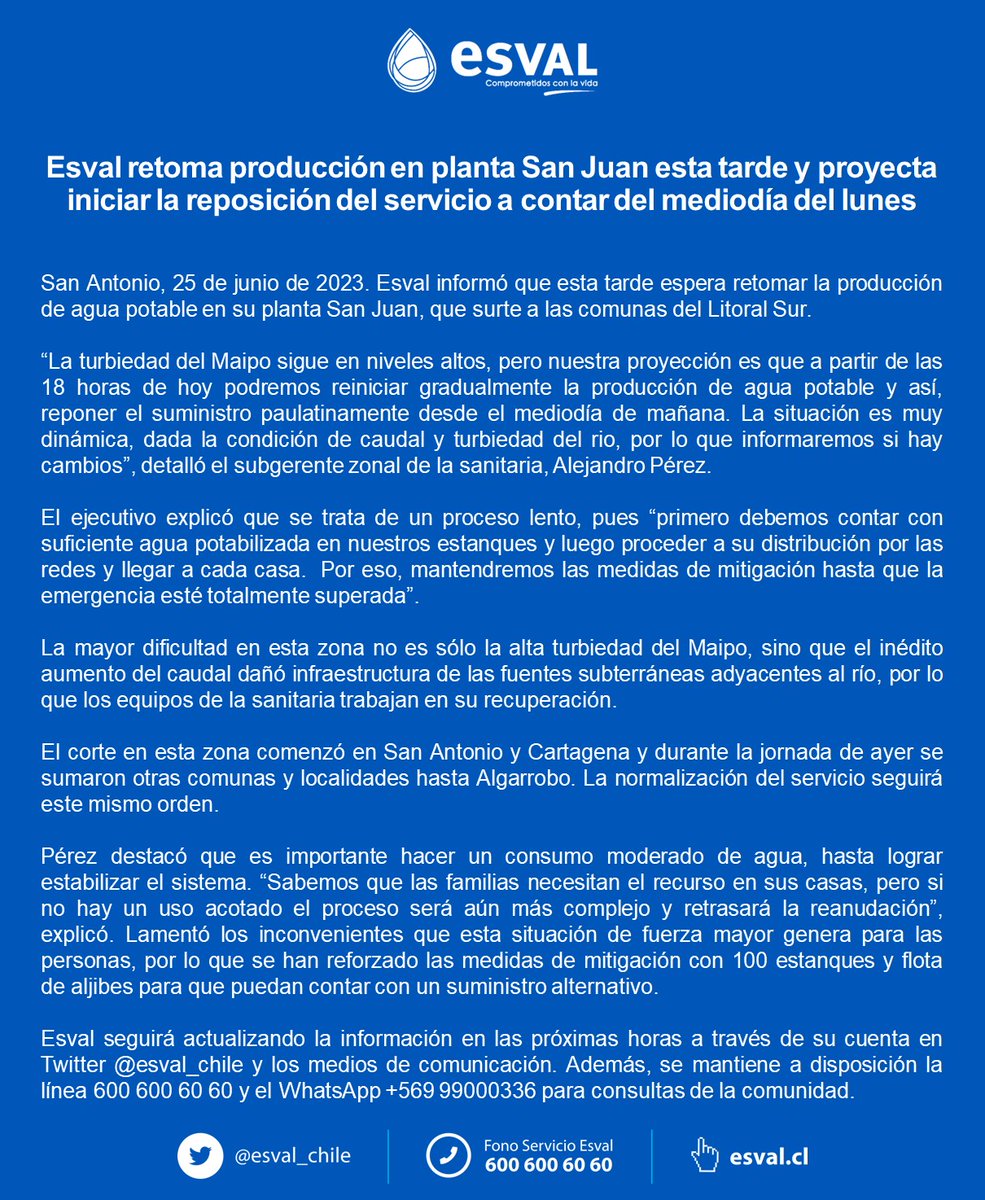 Monad_Event's tweet photo. ⚠️#EsvalInforma⚠️ ¡Estamos avanzando en Litoral Sur! Esta tarde (18:00 hrs) comenzaremos a retomar la producción de agua potable en la prov. de San Antonio y este lunes reanudaremos el servicio en la zona. Seguimos desplegados en terreno y apoyando con estanques y aljibes 🚰 https://t.co/j7Iw8Khyr5