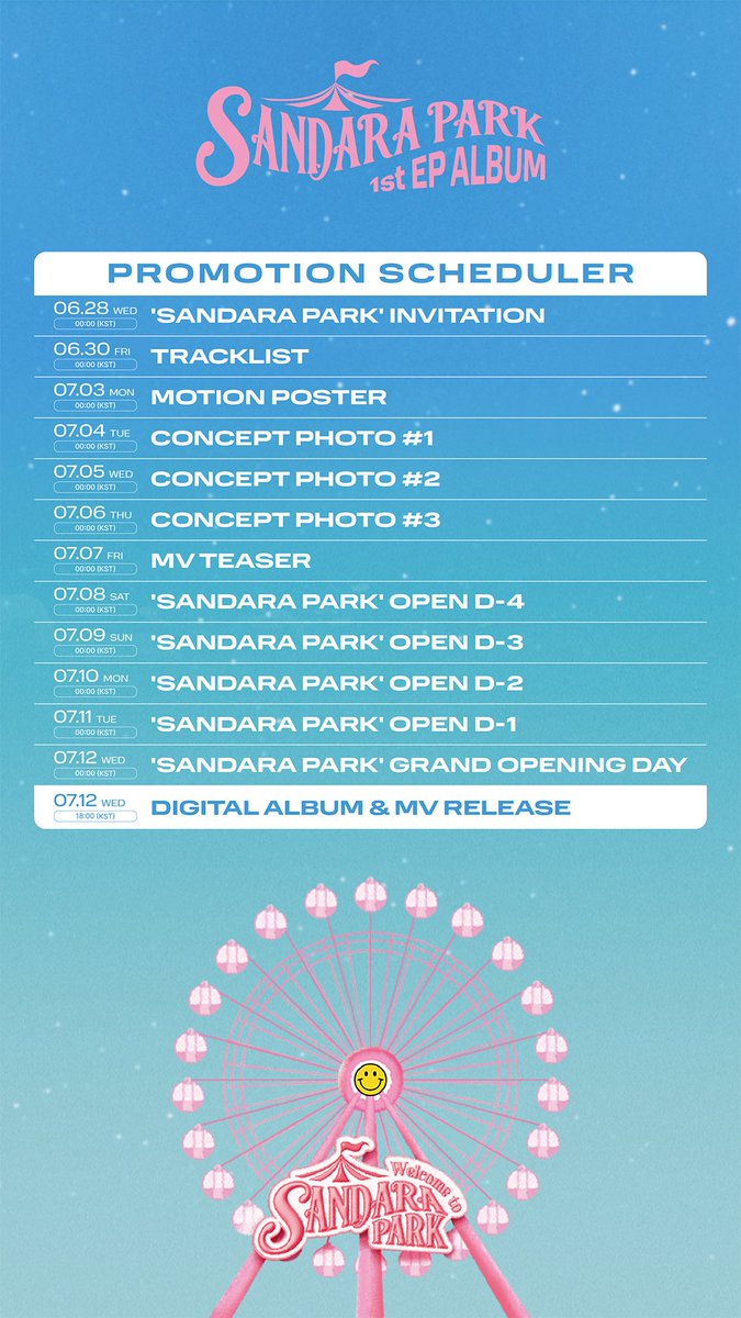 PROMOTION SCHEDULER

❝𝘞𝘢𝘪𝘵𝘪𝘯𝘨 𝘧𝘰𝘳 𝘺𝘰𝘶 𝘢𝘵 𝘚𝘈𝘕𝘋𝘈𝘙𝘈 𝘗𝘈𝘙𝘒!❞

Sandara Park Digital EP 
〖𝐒𝐀𝐍𝐃𝐀𝐑𝐀 𝐏𝐀𝐑𝐊〗
🎡 2023.07.12 6PM (KST)

#산다라박 #SandaraPark