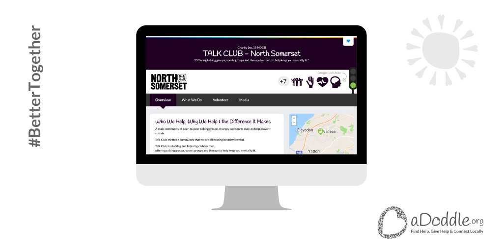 Based in #NorthSomerset? @talkclubcharity is a male community of peer-to-peer #TalkingGroups to help #PreventSuicide.  Its a talking & listening club for men offering talking & sports groups & therapy to help keep you mentally fit.

See: adoddle.org/app/projects/6…

#TalkClub10