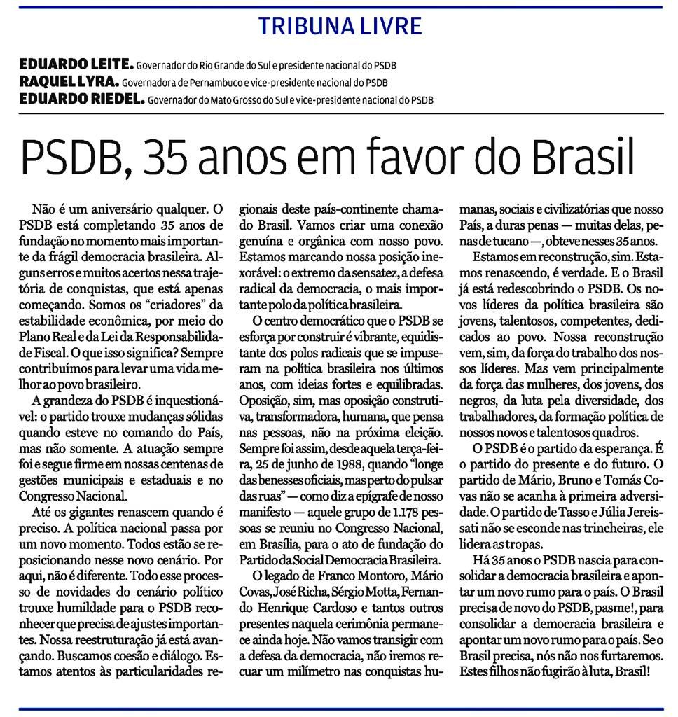 TiagoCunhaSoar1's tweet image. #PSDB35anos em favor do Brasil