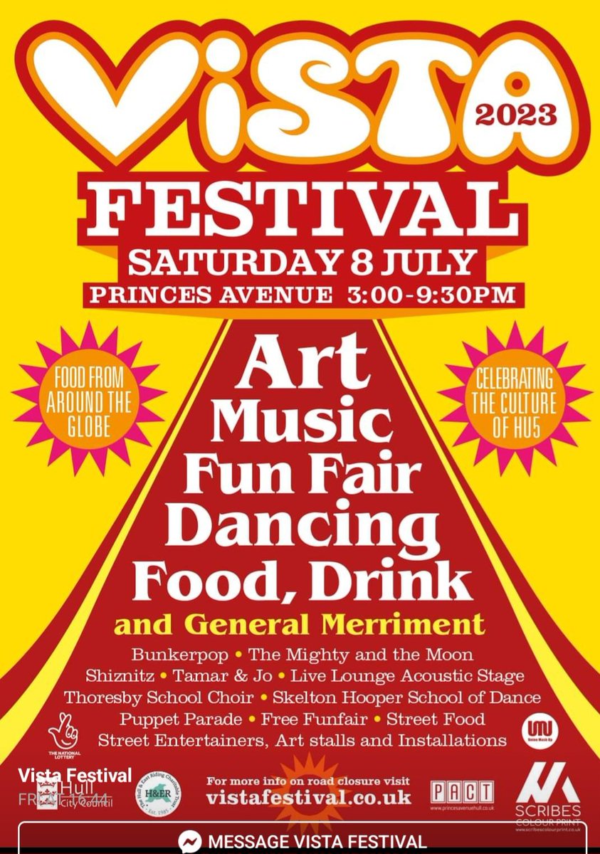 Saturday 8 July
FREE all day festival
We're looking forward to playing the Vista Festival in 2 weeks.
We're on from 7pm, see you all there :)