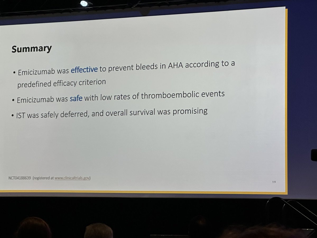 GTH-AHA-Emi: encouraging data by Dr Tiede that Emi for #acquiredhemophilia reduces bleeding rates, allows immunosuppression to be deferred or reduced intensity. This can minimize risk of infections and complications from IST. #ISTH2023