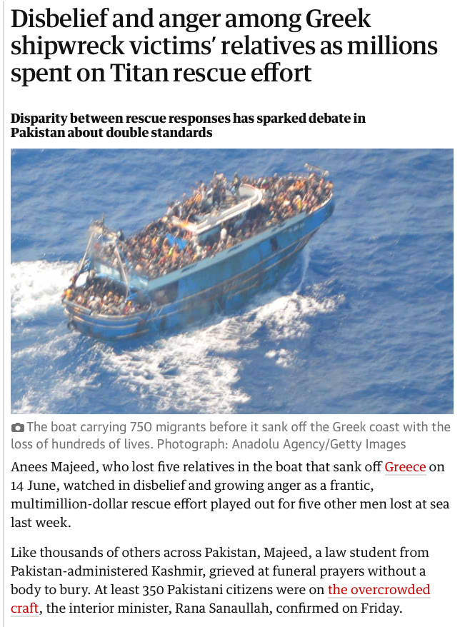 20/ 350 Pakistanis dead. "contrast between 2 tragedies at sea, the scale of efforts to rescue those in danger,&amp; the global media response has stirred debate inside Pakistan about natl &amp; international inequality, and the different values put on human lives"
theguardian.com/world/2023/jun…