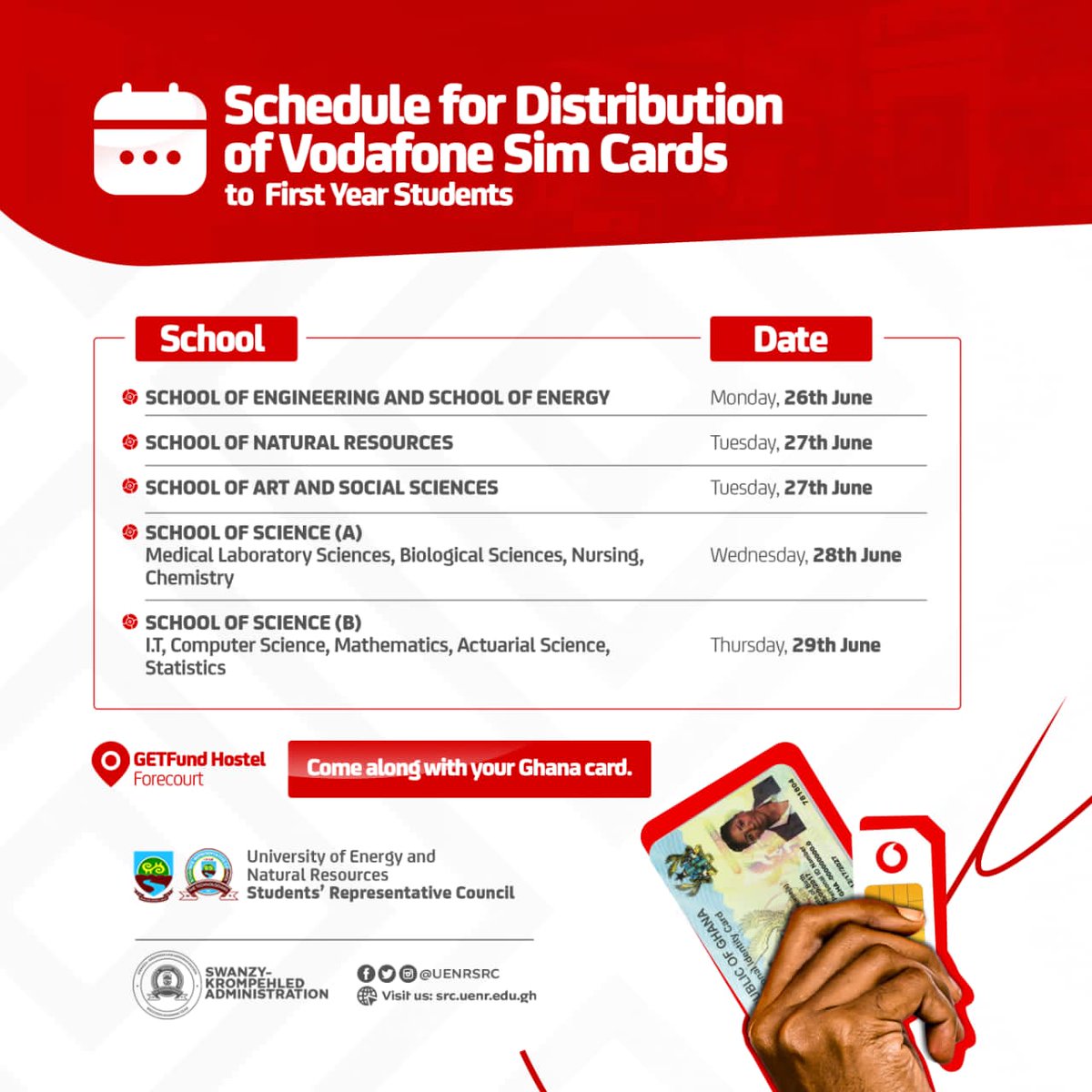 UenrSrc's tweet photo. We are thrilled to announce the distribution of Vodafone Sim Cards to first-year students from Monday, 26th June to Thursday, 29th June, 2023. 

🗓 Check out the flyer below for the schedule for distribution and make sure to come along with your Ghana Card. 

#ChangingTheGame https://t.co/Xb4MwfN24r