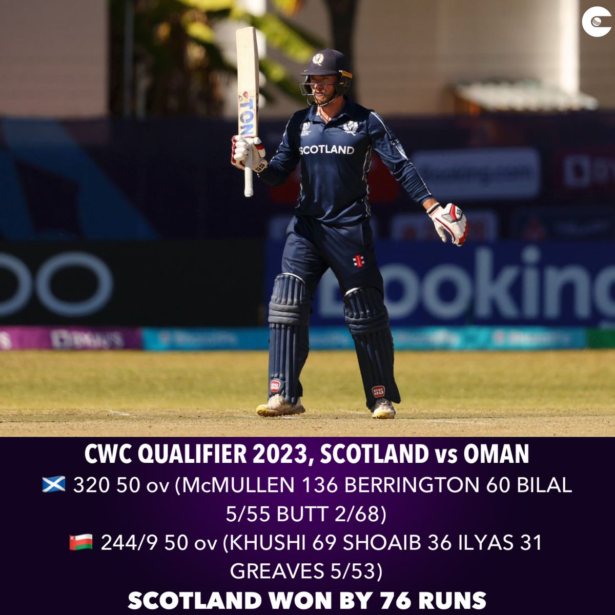 Brandon McMullen struck a fine hundred as Scotland registered their third straight win of the tournament.

#SCOvOMA #CWCQ23 #CWC23