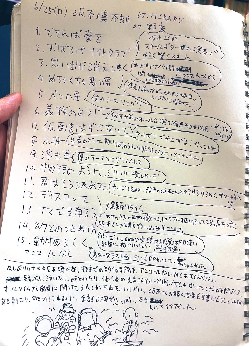 siranaiyone1's tweet photo. 坂本慎太郎　野音公演🌲
セトリと乱雑メモ的な感想📝
約１時間半。アンコールなし。
本当素晴らしかった！👏 https://t.co/tcgo1ArgDl