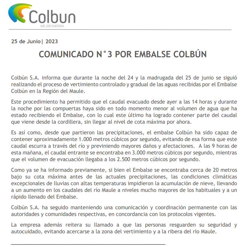 ColbunEnergia's tweet photo. ⚠️ Comunicado n°3 por Embalse Colbún ⚠️ https://t.co/UyCJ9txWx1