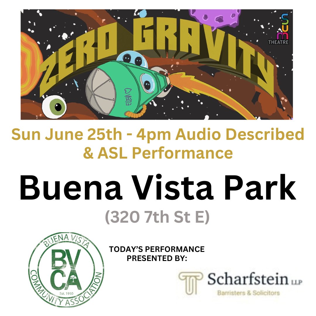 This afternoon is our CLOSING SHOW IN SASKATOON!! C’mon, Kids.. let’s pack the park!! 🌎💛🌳✨

Today’s performance presented by: <a href="/BuenaVistaCA/">Buena Vista</a>  and Sharfstein LLP 💛 

See you at 4pm in Buena Vista Park!
🌎🚀🎶 

#zerogravity
#theatreinthepark #sumtheatre 
#yxearts
#yxe