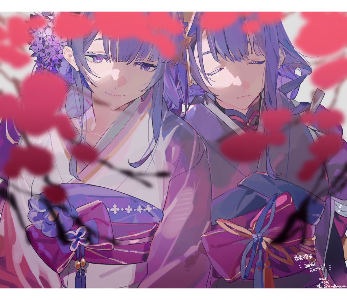 raiden shogun kimono multiple girls 2girls japanese clothes purple hair obi sash  illustration images