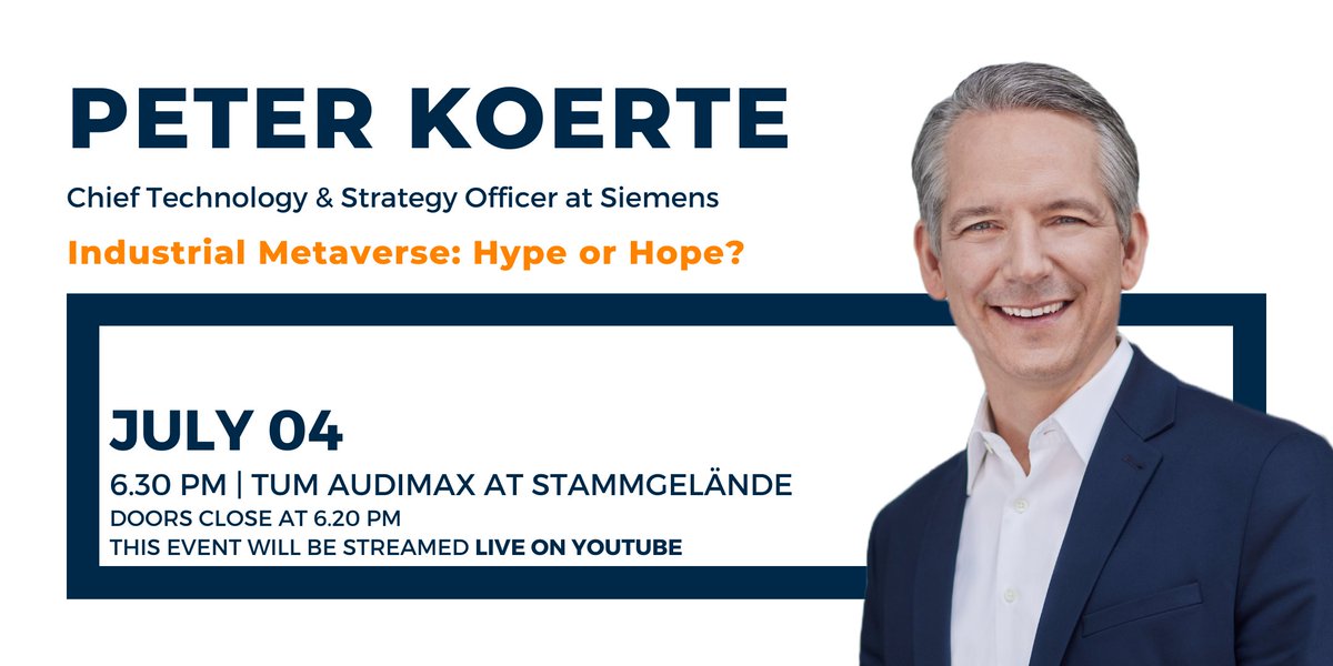 TUM Speakers Series (@tumspeakers) on Twitter photo The industrial #Metaverse is coming!
Join us for an exciting #event with Dr. <a href="/PeterKoerte/">Peter Koerte</a>, Chief Technology & Strategy Officer at <a href="/SiemensDE/">Siemens Deutschland</a>.
🗓️Save the date: July 4, 6:30pm
🚨Limited Seats Available
💡Link to #LiveStream & #tickets in our bio
#siemens #technology <a href="/TU_Muenchen/">TU München</a> The industrial #Metaverse is coming!
Join us for an exciting #event with Dr. <a href="/PeterKoerte/">Peter Koerte</a>, Chief Technology & Strategy Officer at <a href="/SiemensDE/">Siemens Deutschland</a>.
🗓️Save the date: July 4, 6:30pm
🚨Limited Seats Available
💡Link to #LiveStream & #tickets in our bio
#siemens #technology <a href="/TU_Muenchen/">TU München</a>