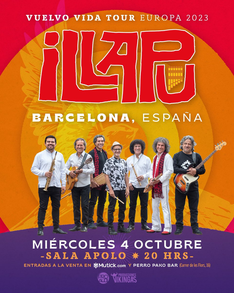 illapu's tweet photo. Confirmado!!! 
Amigas y amigos de BARCELONA, ESPAÑA!!!

El día Miércoles 4 de Octubre llegaremos con nuestra gira internacional hasta vuestra hermosa ciudad para vivir un gran concierto junto a ustedes!!!
Les esperamos con lo mejor de nuestras canciones en la Sala Apolo, Carrer Nou de la Rambla, 113, BARCELONA.

Las entradas ya están a la venta en:
https://t.co/nOY9RY5Aul