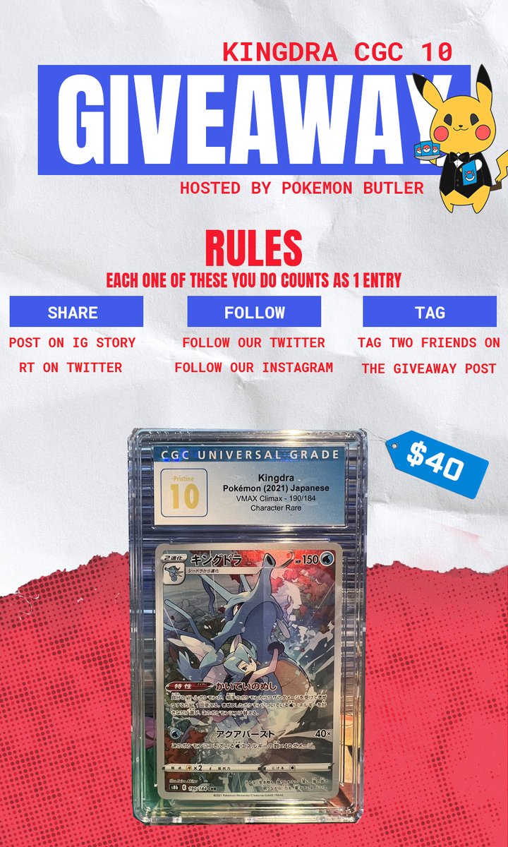 PokemonButler's tweet photo. Kingdra Character Rare CGC 10    ~$40 VALUE
TO ENTER:   
Follow @PokemonButler
RETWEET 🔁
LIKE 📷
TAG @ 2 FRIENDS https://t.co/aegDEnFfEC