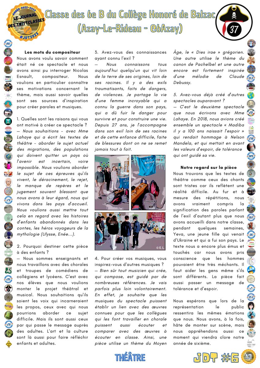 #UnArticleDuJdT
Pour cette 9e découverte, nous vous proposons l'article des élèves de 6es de <a href="/6Azay/">6AzayLR</a> (#AzayLeRideau) dans le Journal des TwittClasses. #JdT2023🗞️
Il parle de la création de leur pièce de théâtre et se trouve en pages 12 et 13 du JdT.
Bonne lecture !