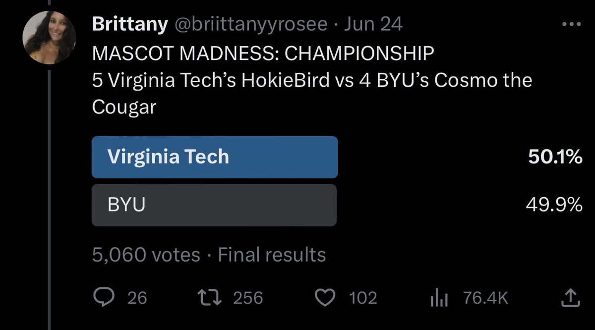 itsbrittanyrose's tweet photo. THERE YOU HAVE IT FOLKS! VIRGINIA TECH HAS WON A NATTY! 🏆 Congrats to @TheHokieBird! Stayed tuned for the Championship parade to see all 64 of your favorite mascots one last time! 🥳 https://t.co/gl6GPqi7f5