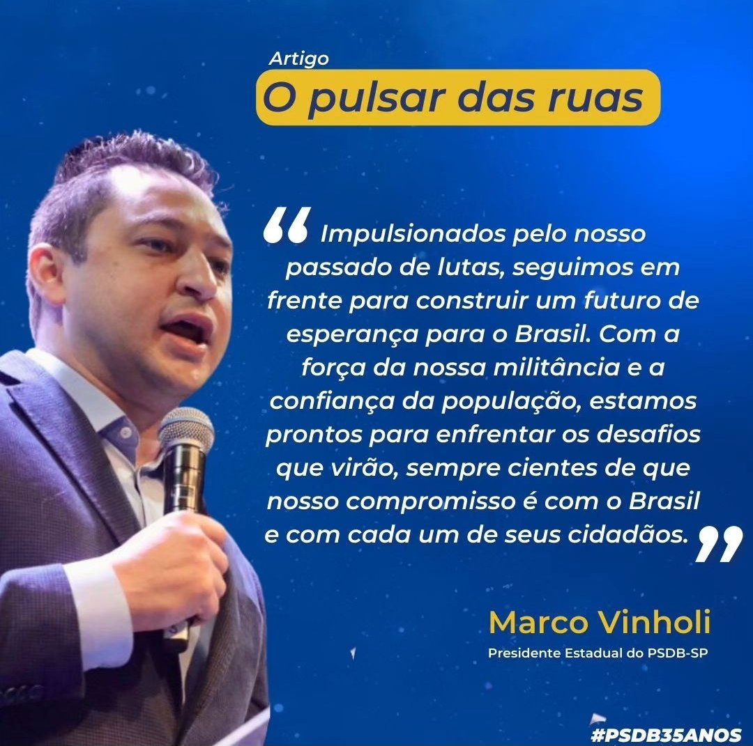 TiagoCunhaSoar1's tweet image. Leia o artigo do presidente do PSDB SP @marcovinholi 
O PULSAR DAS RUAS
tucano.org.br/o-pulsar-das-r…
#PSDB35anos