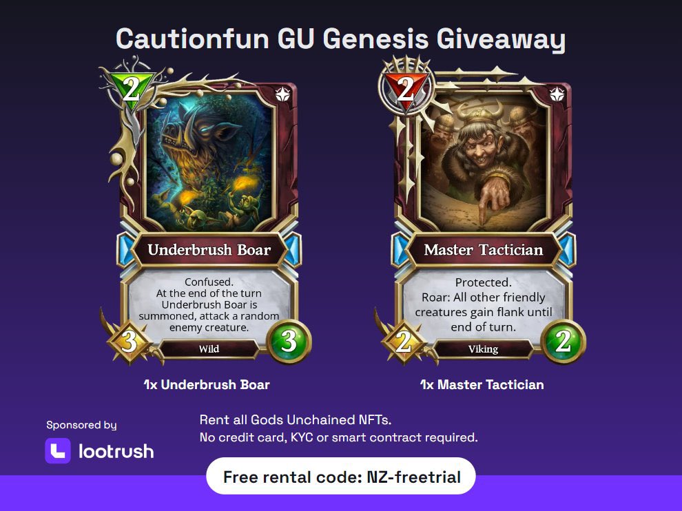 🚨
Super stoked to present the <a href="/GodsUnchained/">Gods Unchained</a> community with an opportunity to win some Genesis set staples with the help of @LootRushGames! If you want to a chance to win an Underbrush Boar or a Master Tactician simply:

1. Like, RT, and Follow <a href="/cautionfun_/">cautionfun</a> &amp; @LootRushGames
2.