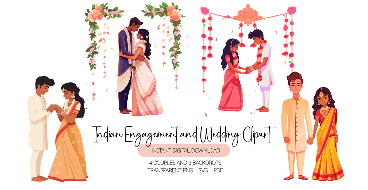 VidhyaPR's tweet image. Indian Wedding Clipart Collection - Couples and Backdrops vector images transparent PNG SVG PDF Art 9 images (27 files) Commercial use ok etsy.me/3poPJ6j via @Etsy