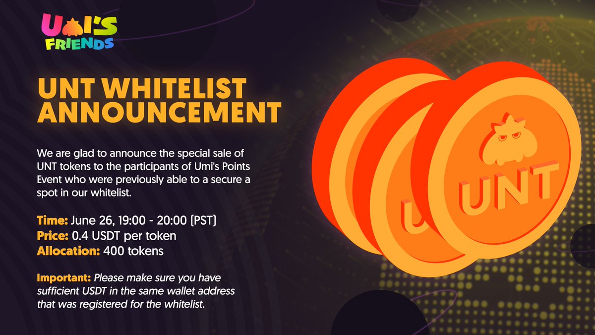 UmisFriends's tweet photo. We're thrilled to announce a special $UNT sale for Umi's Points Event whitelist members on June 26, 19:00-20:00 (PST)! 🔥

Find more details below: https://t.co/rXAbAK9mhN