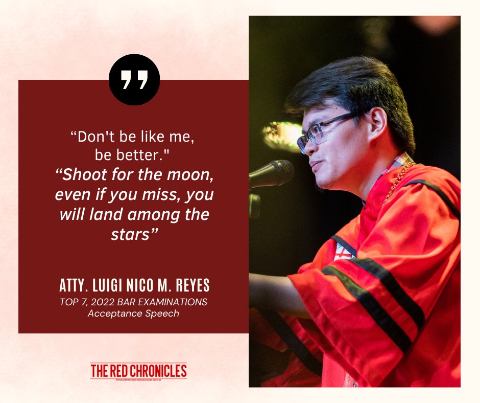 redchronicles_'s tweet photo. The 7th placer of the 2022 #Getthatbar examinations, Atty. Luigi Reyes, advices the graduates of SOL 2023 to "be excited, embrace the struggle, and overcome the next (bar exams) challenge." https://t.co/Re2XbnbLK2