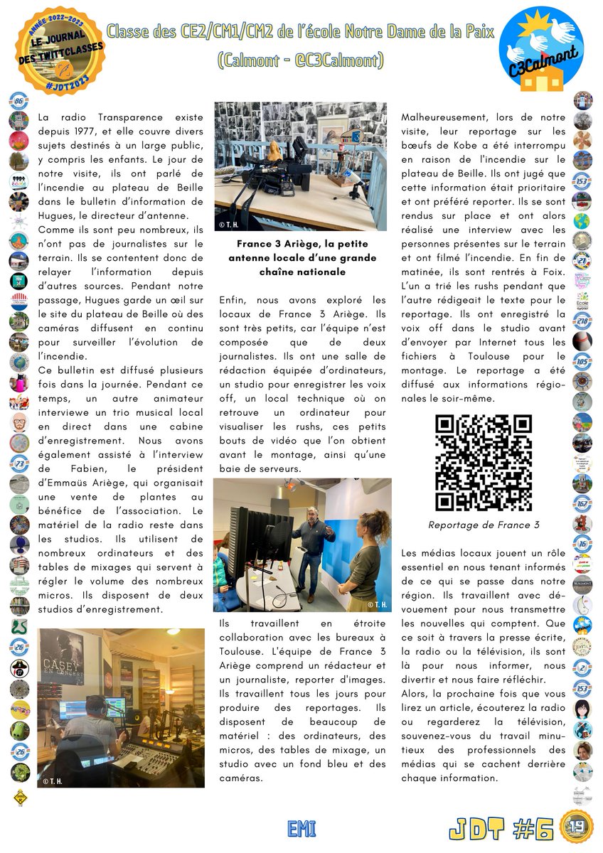 JdTwittclasses's tweet photo. #UnArticleDuJdT
Pour cette 13e découverte, nous vous proposons l'article des CE2/CM1/CM2 de @C3Calmont
(#Calmont) dans le Journal des TwittClasses. #JdT2023🗞️
Il parle de leur visite à @ladepechedumidi, à @transparence937 et à @France3tv et se trouve en pages 18 et 19 du JdT. https://t.co/2egIQDJ5De