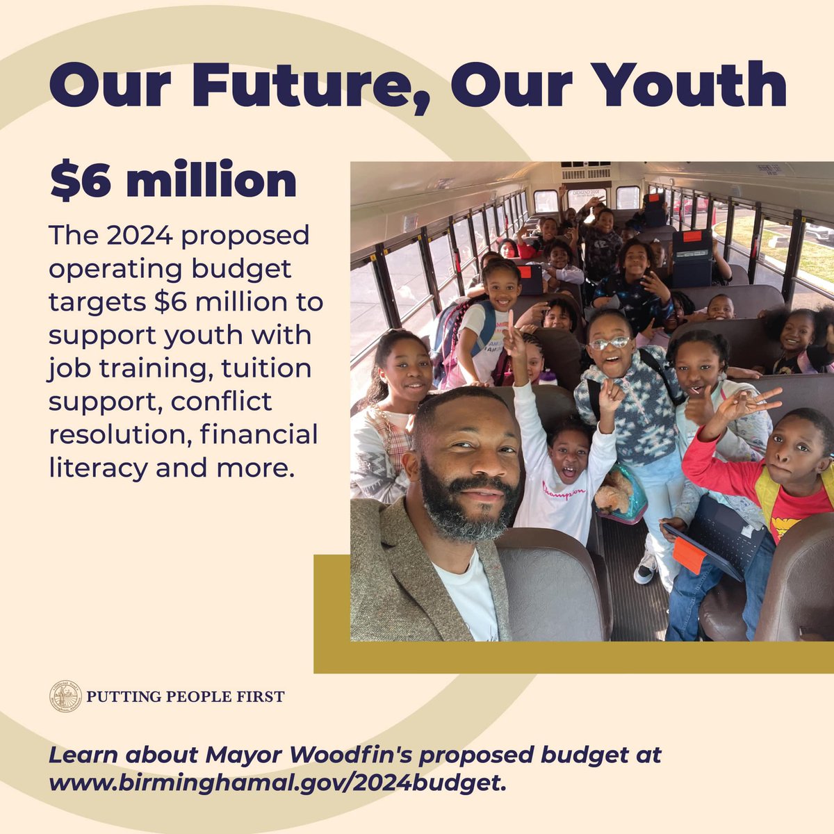 cityofbhamal's tweet photo. The 2024 proposed operating budget includes $6 million to support Birmingham youth.

Learn more at https://t.co/TX5Q3JULDH https://t.co/xA4Nukds3f